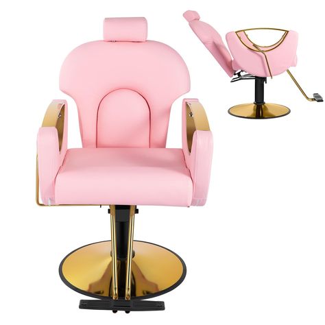 PRICES MAY VARY. 【Pink Salon Chair】: This pink gold color endows this stylist chair with infinite fashion.With The armrest adopt hollow metal structure design，Our styliing chair is eye catching and a great addition your beauty room.Also it can be a braiding chair to Lit your little corner up. 【Recling Hairstylist Chair】: Our hair salon chair can be reclined from 90° to 135° for more comfortble. The chair's reclining lever is on the right side when you are sitting! And with adjustble headrest can She Shed Hair Salon, She Shed Hair Salon Ideas, Salon Suite Decor Ideas, Hair Salon Suite Decor, Hair Suite, Hair Salon Suite, Salon Suite Decor, Stylist Chair, Pink Salon