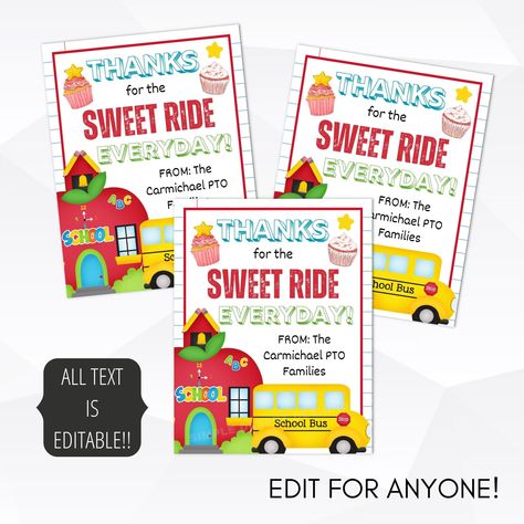 School bus driver gift ideas, Bus driver appreciation tags, bus driver gifts end of year, employee appreciation gifts, transportation appreciation gift ideas, school PTO appreciation gift tags This "Thanks for the sweet ride everyday" editable school bus driver appreciation gift tag is perfect for student to bus driver gift tags, administration gifts for transportation department or district wide gift ideas. Use for end of school or last day of school appreciation week gifts. Give as school PTO Bus Driver Appreciation Printable Free, Bus Driver Gift Ideas, Bus Driver Appreciation Gifts, School Bus Driver Gift Ideas, School Bus Driver Appreciation, Bus Driver Appreciation, Bus Driver Gift, School Pto, Bus Driver Gifts