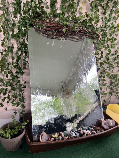 DIY mirror fountain #fountainmirror Mirror Waterfall Diy, Diy Cat Water Fountain With Plants, Diy Mirror Fountain, Waterfall Mirror Diy, Diy Waterfall Mirror, Fountain Mirror, Waterfall Mirror, Mirror Fountain, Mirror Waterfall