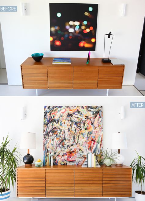 A Modern Makeover with method Mcm Credenza Styling, Midcentury Dining Room, Credenza Styling, Dining Room Credenza, Green Living Room Decor, Green Living Room, Mid Century Credenza, Living Room Wall Decoration, Mcm Design