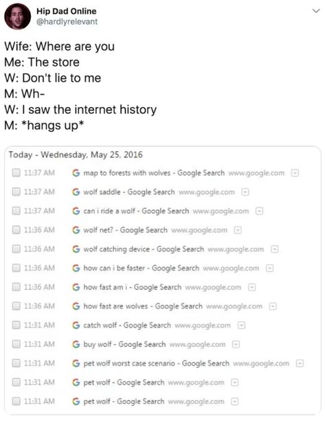 Text - Hip Dad Online @hardlyrelevant Wife: Where are you Me: The store W: Don't lie to me M: Wh- W: I saw the internet history M: *hangs up Today - Wednesday, May 25, 2016 11:37 AM G map to forests with wolves - Google Search www.google.com | 11:37 AM G wolf saddle - Google Search www.google.com G can i ride a wolf- Google Search www.goog le.com 11.37 AM G wolf net? - Google Search www.google.com 1136 AM Gwolf catching device - Google Search www.google.com 11:36 AM G how can i be faster Google Funny Google Searches, Dont Lie To Me, Marriage Humor, Celebrities Humor, Lie To Me, Life Is Hard, Happy Marriage, Married Life, Marriage Advice