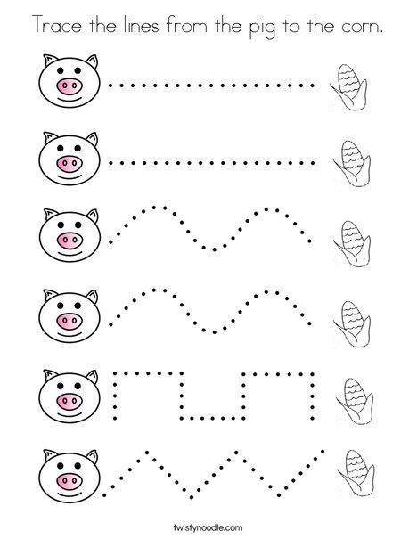 Trace the lines from the pig to the corn Coloring Page - Twisty Noodle Pig Activity For Preschool, Farm Tracing Preschool, Pig Worksheets Preschool, Pig Activities For Preschool, Pig Activities For Kids, Pig Activities, Corn Coloring Page, Charlottes Web Activities, Fine Motor Skills Tracing