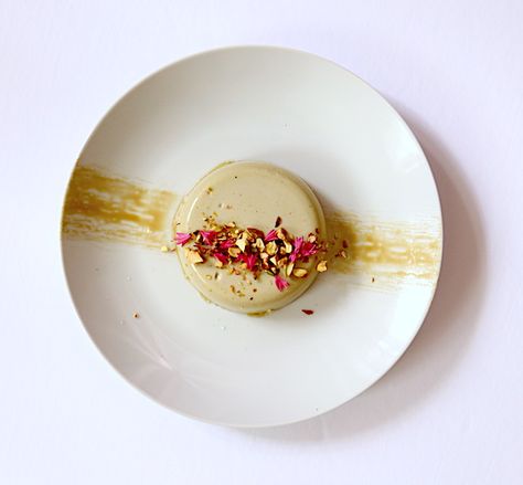 Vegan Panna Cotta, Fine Dining Plating, Coconut Panna Cotta, Vegan Plate, Fine Dining Desserts, Pistachio Butter, Panna Cotta Recipe, Dessert Plating, Creamy Desserts