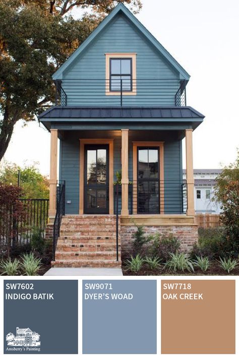 Fixer Upper Color Palette Collection - Amsberry's Painting Teal Green Exterior House Colors, Blue Exterior Cabin Colors, Blue And Orange Exterior House Colors, Teal Blue Exterior House Colors, Tonal Exterior House Colors, Dark Blue House Exterior With Wood Craftsman, Blue Sided House, Slate Blue Exterior House Colors, Sherwin Williams Dark Night Exterior