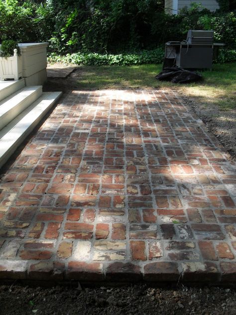 reclaimed brick patio - reuse the bricks from the old stack chimney Reclaimed Brick Patio, Brick Patio, Concrete Patios, Brick Path, Brick Walkway, Recycled Brick, Paver Walkway, Reclaimed Brick, Patio Flooring