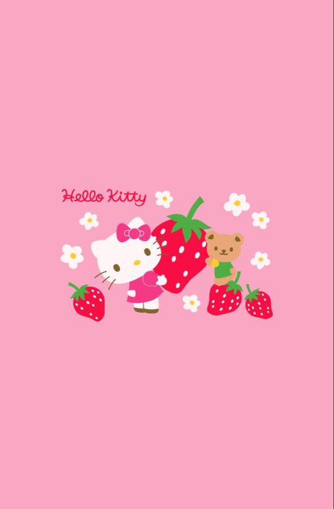 Strawberry Apple Watch Wallpaper, Strawberry Hello Kitty Pfp, Hello Kitty Wallpaper Strawberry, Sanrio Strawberry Wallpaper, Strawberry Hello Kitty Wallpaper, Strawberry Phone Theme, Hello Kitty Apple Watch Face, Hello Kitty Fresa, Pink Strawberry Wallpaper