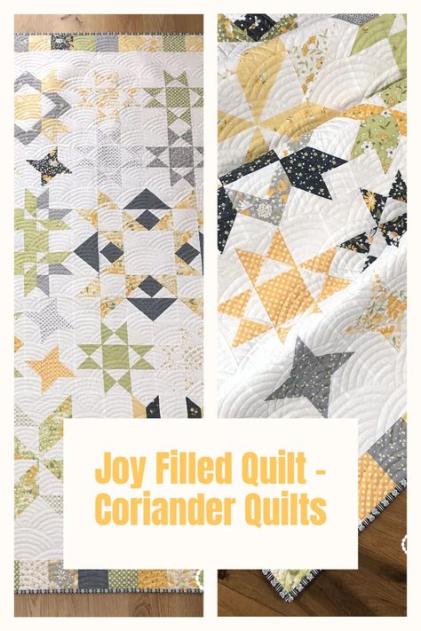 Joy Filled sampler quilt pattern featuring Buttercup & Slate Fabrics by Corey Yoder of Coriander Quilts Pattern is fat eighth friendly Coriander Quilts Free Pattern, Corey Yoder Quilt Patterns, Fat Eighth Quilt Pattern Free, Sampler Quilt Patterns Free, New Quilt Patterns, Coriander Quilts, Happy Quilts, Charm Packs, Pretty Quilt