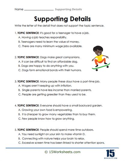 The Odd One Out Worksheet - 15 Worksheets.com Topic Sentence And Supporting Details, Main Idea Worksheet, Supporting Details, Topic Sentences, English Teaching Materials, Main Idea, Reading Comprehension Skills, Comprehension Worksheets, Reading Comprehension Worksheets