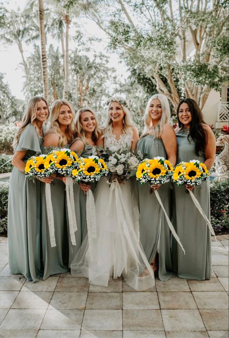 Sunflower bouquet wedding sage green/dusty green bridesmaid dresses Bridesmaid Dresses With Sunflowers, Sunflower Wedding Bridesmaid, Sunflower Wedding Decorations, Sage Bridesmaid Dresses, Sunflower Wedding Bouquet, Sunflower Themed Wedding, Sage Green Bridesmaid Dress, Sage Wedding, Sage Green Wedding