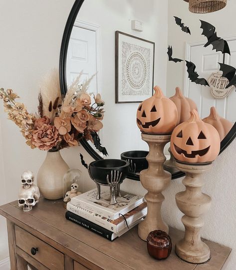 Console Table Halloween Decor, Halloween Entry Table Decor, Black Fall Decor, Halloween Shelf Decor, Halloween Entry Table, Farmhouse Halloween Decor, Michaels Halloween, Vintage Fall Decor, Cheap Halloween Decorations