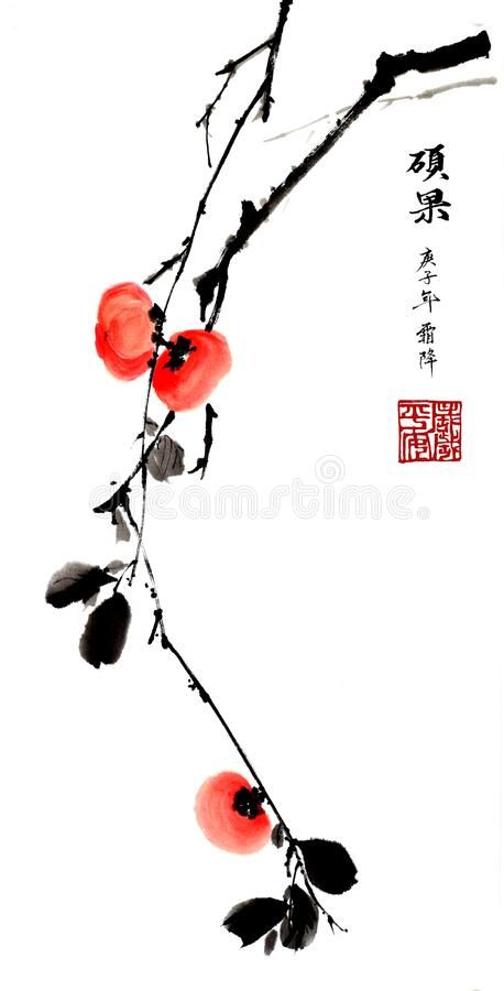 Chinese traditional distinguished gorgeous decorative hand-painted ink-Persimmon vector illustration Japanese Ink Painting, Chinese Drawings, China Ink, Chinese Illustration, Zen Painting, Chinese Artwork, Traditional Chinese Art, Sumi E Painting, Japan Painting