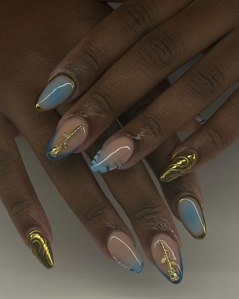 Blue and Gold Freestyle🩵✨ Blue And Gold French Tip Nails, Blue And Golden Nails, Gold And Teal Nails, Blue And Gold Nail Ideas, Baby Blue And Gold Nails, Light Blue And Gold Nails, Gold And Blue Nails, Blue And Gold Nail Designs, Blue Yellow Nails