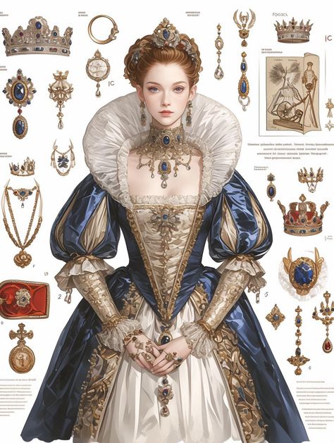 Royal Oc Design, Rocco Fashion, Ornate Outfit, Bridgerton Oc, Historical Hairstyles, Gown Drawing, Queen Outfit, Royal Clothing, Fashion Themes