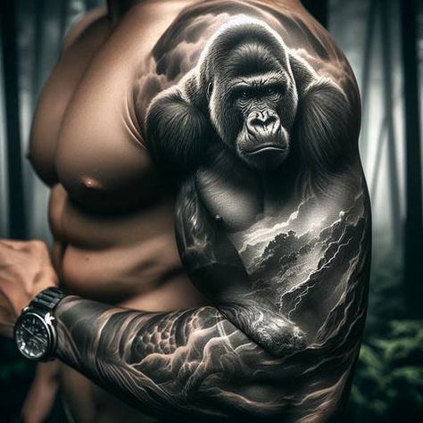 Gorilla Ink, Viking Tattoo Sleeve, Bear Tattoo Designs, Animal Sleeve Tattoo, Gorilla Tattoo, Monkey Tattoos, Silverback Gorilla, Tiger Tattoo Design, Epic Tattoo