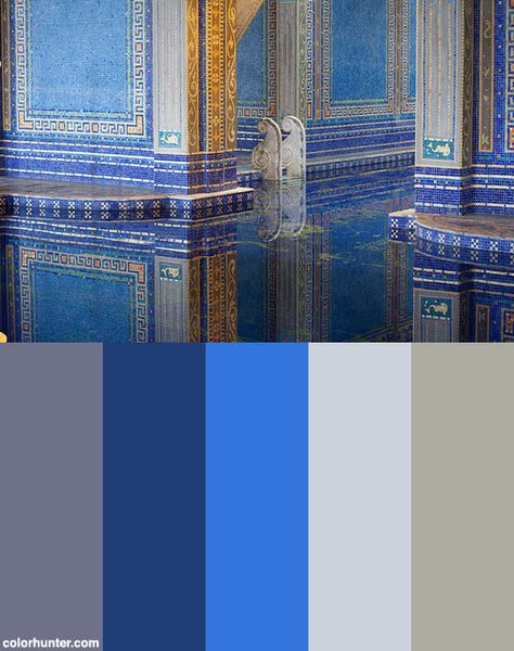 Roman Color Palette, Roman Palette, Pool Color Palette, Greek Buildings, Indoor Pools, Hearst Castle, Pool Colors, Rome City, Elegant Interior Design