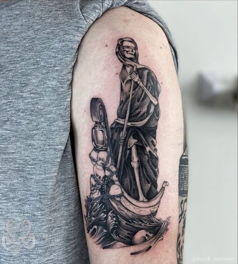 #charon #charontattoo #boatmantattoo# #greekmythologytattoo #Styx #riverstyxtattoo #styxriver #greekmythology #underworldtattoo #tattoo #blackwork #sketchtattoo #coloredtattoo #blacktattoo #armtattoo #darkart #sleevetattoo #sleeve #dark #tattoosketch #toptattoo #viraltattoo #tattooformen #mentattoo #newtattoo #tats #tattooideas #tattoo #newtattooideas #tattoodesign #stenciltattoo Charon Tattoo Greek Mythology, Charon The Ferryman Tattoo, Ferryman Tattoo, Charon Tattoo, Greek Leg Sleeve, Hades Tattoo, Greek God Tattoo, Grim Reaper Tattoo, Reaper Tattoo