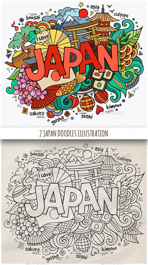 2 Japan Doodles Designs Japanese Art Doodle, Japan Drawing Ideas, Doodle Colorful Art, Background Doodle Art, Japan Doodle Art, Japanese Doodle Art, Japanese Drawing Ideas, Doodle Art With Color, Doodle Art Background