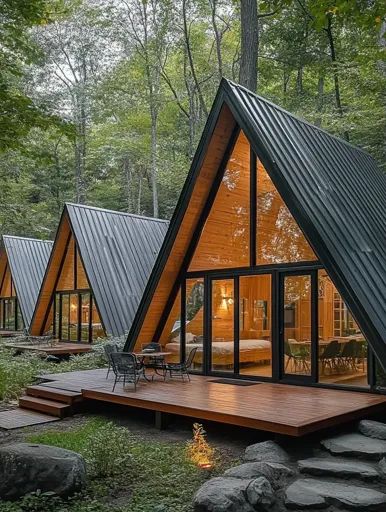 ↑↑↑ Larger size on website 🔸 A modern A-frame cabin with black metal roofing sits nestled in a lush forest. The cabin features la A Frame With Addition, Cottage In Mountains, Alaska Hotel, Aframe Cabins, Small A Frame Cabin, Cabin House Design, Modern A Frame Cabin, Modern Cabin Design, Modern A Frame