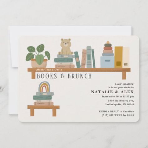 Baby Book Shelf Taupe Neutral Baby Shower for $3.32 - Baby Shower Gender Book Themed Baby Shower Ideas, Baby Book Shelf, Book Baby Shower Invitation, Books Stacked, Gender Neutral Invitations, Storybook Baby Shower, Book Theme, Gender Neutral Baby Shower Invitations, Bear Invitations