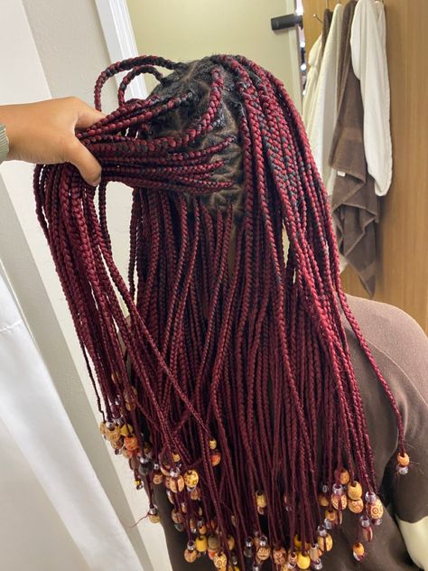 Red Knotless Box Braids With Beads, Red Knotless Braids With Beads, Maroon Braids With Beads, Red Box Braids With Beads, Braids With Beads At The End, Short Red Box Braids With Beads, Red Braids With Beads, Red Braided Hairstyles For Black Women With Beads, Red Pikaboo Braids