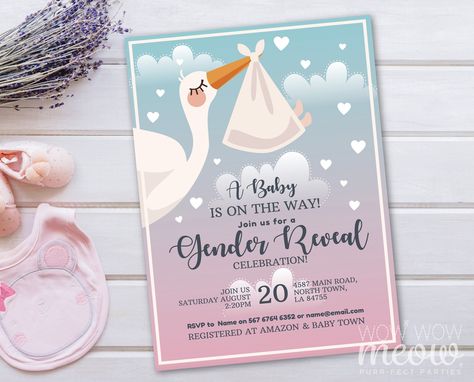 Stork Gender Reveal Baby Shower Invitation Blue Pink Girl Boy Cute Clouds Boho Invites Bird Sky INSTANT DOWNLOAD Party Couples WCBS156 Stork Gender Reveal, Cute Clouds, Boho Invitations, Amazon Baby, Baby Shower Gender Reveal, Baby Shower Invitation, Gender Reveal, Shower Invitation, Shower Invitations