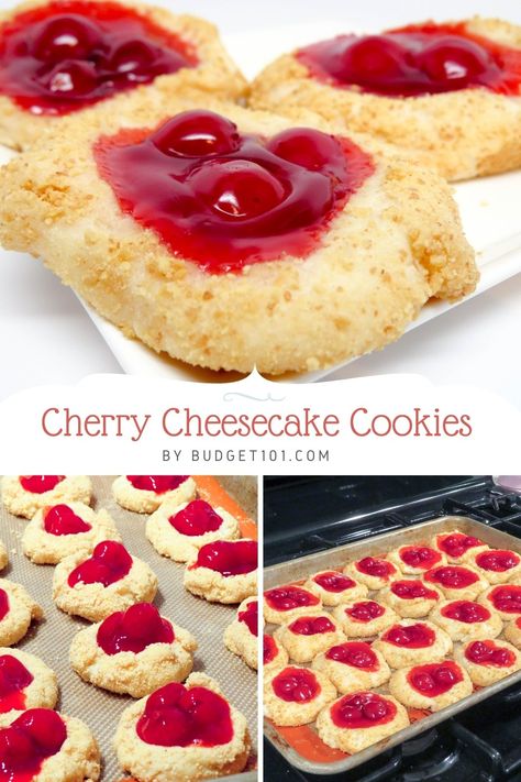 If you're searching for a showstopping holiday dessert, look no further than Cherry Cheesecake Cookies! #cherrycheesecakecookies #holidaycookies #christmascookies #Budget101 Cherry Cheesecake Cookies, Wedding Cookies Recipe, Cheesecake Cookies Recipes, Strawberry Shortcake Cheesecake, Easy Holiday Cookies, Starter Recipe, Recipe List, Yummy Deserts, Scratch Recipes