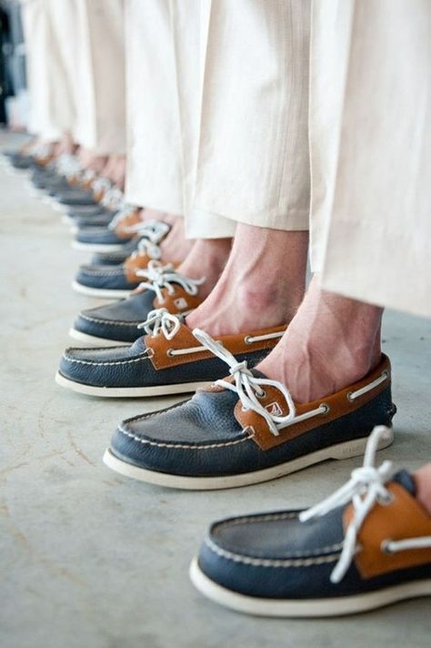 Groomsmen all wearing Sperrys. Perfect for a beach wedding! Ideas like this are why beach weddings are easy on the budget... letting you splurge for more honeymoon! More ideas at: themoontide.blogs... Nautical Wedding Inspiration, Nautical Wedding Theme, Beach Attire, Wedding Groomsmen, Groomsmen Attire, Nautical Wedding, Groom Attire, Ranch Wedding, Groom And Groomsmen