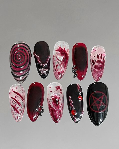 Who says gore nails are just for Halloween?🎃🩸 Meet Bloody Ritual—a set designed for those who embrace dark elegance all year long!💀 These medium-length almond nails (Size L) bring a fierce, edgy vibe to any season. Dare to stand out with a touch of blood and mystery? • • • • #BloodyRitual #GoreNails #PressOnNails #NailArt #custompresson #fyp #halloween #halloweennails #gore #november #poseamericaine #lesongles #fauxongles #custompressonnails #handpainted Blood Nails Design, Gore Nails, Blood Nails, Nails Size, Dark Elegance, New Year's Nails, Nail Sizes, Almond Nails, Halloween Nails