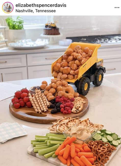 Construction Truck Food Ideas, Second Birthday Party Food, Heavy Equipment 2nd Birthday, 2 Year Birthday Food Ideas, Trucks Bday Party, Digger Party Food, Construction Birthday Dessert, 2nd Birthday Digger Theme, Im Digging Being 2 Birthday Decorations