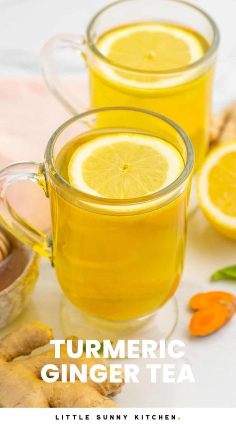 Turmeric And Ginger Tea, Tumeric Tea Recipe, Ginger Cinnamon Tea, Ginger Lemon Tea, Turmeric Ginger Tea, Raw Ginger, Turmeric Tea Recipe, Turmeric Drink, Little Sunny Kitchen