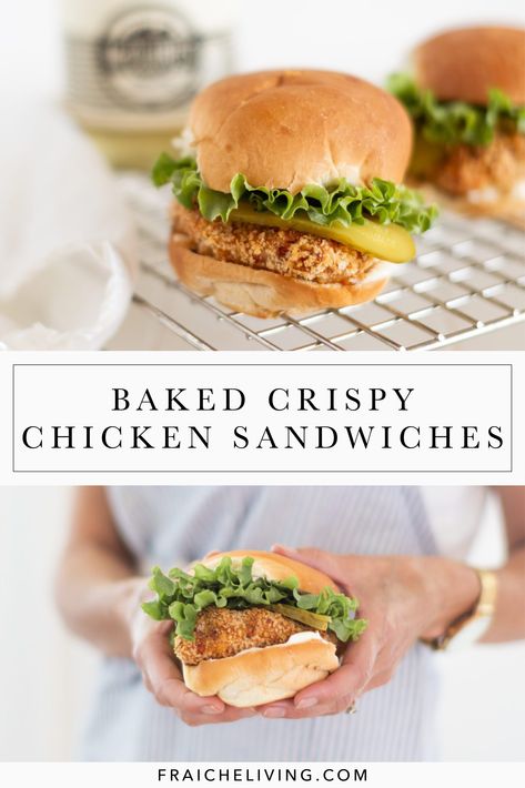 Chicken Sandwich Recipes Baked, Healthy Crispy Chicken Sandwich, Baked Chicken Sandwich Recipes Healthy, Crispy Chicken Sandwich Baked, Baked Chicken For Sandwiches, Oven Baked Chicken Sandwich Recipes, Oven Baked Chicken Sandwich, Chicken Burger In Oven, Crispy Chicken Sandwich Recipes Oven Baked