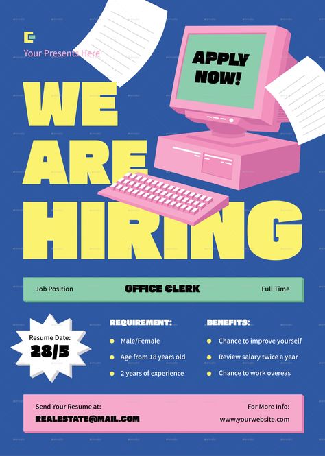 Blue Office Clerk Job Hiring Flyer Job Advertisement Poster, Job Hiring Poster, Hiring Flyer, Hiring Poster, Job Poster, Real Estate Marketing Design, Recruitment Poster, School Jobs, Job Hiring