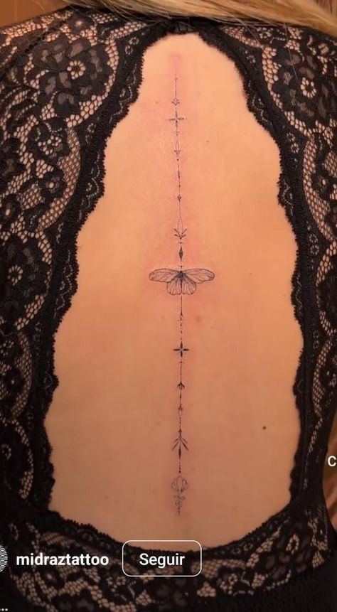 Spine Tattoos For Women Geometric, Delicate Spine Tattoos For Women, Cute Spine Tattoos, Woman Back Tattoo, Girl Spine Tattoos, Back Tattoo Women Spine, Back Tattoos Spine, Micro Tattoo, Small Back Tattoos