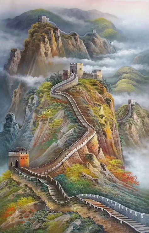 Chinese Paintings Landscape, Chinese Fantasy Art Landscape, Chinese Nature Painting, Great Wall Of China Painting, Traditional Chinese Painting Landscapes, Chinese Landscape Painting Horizontal, Flower Painting On Canvas, Chinese Landscape Painting, Chinese Art Painting