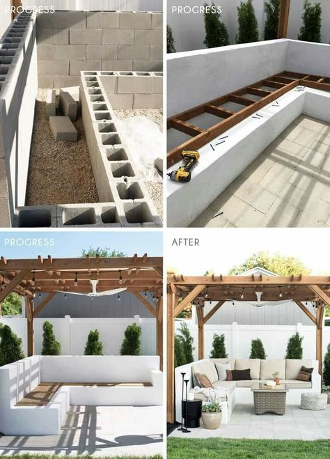 Garden Design Seating Area, Front Patio Seating, Outdoor Cafe Design Ideas, Cinder Block Diy, Outdoor Corner Bench, Built In Garden Seating, Cinder Blocks, Backyard Renovations, Backyard Entertaining