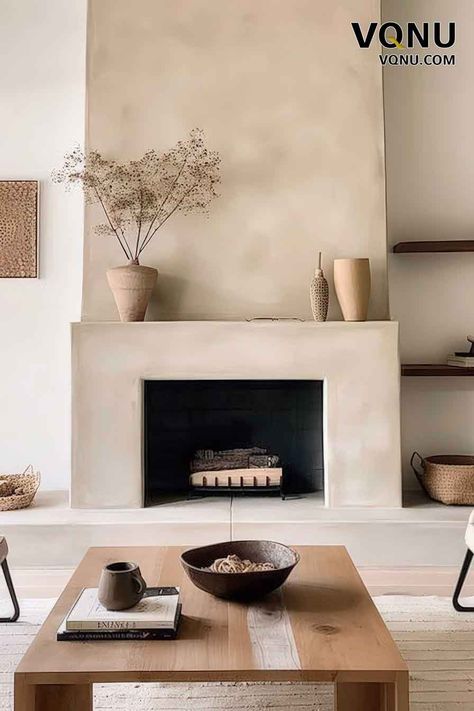 Wabi Sabi Fireplace Decor, Minimalist Fireplace Ideas, Modern Organic Fireplace, Fireplace Minimal, California Fireplace, Japandi Fireplace, Fireplace Minimalist, Limewash Fireplace, Minimal Fireplace