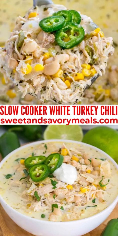 Easy Leftover Turkey Recipes, White Turkey Chili, Turkey Chili Crockpot, Shredded Turkey, Crockpot Turkey, Savory Meals, Crockpot Chili, Leftover Turkey Recipes, Chili Soup