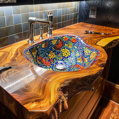 Introducing our breathtaking live edge sink, a fusion of organic beauty and artistic flair. Crafted from natural wood, its live edge design exudes rustic charm, while inside, a vibrant mosaic of colors dances beneath the surface, transforming mundane tasks into moments of joy. Each piece is a testament to the marriage of nature and artistry, elevating any space with its unique allure and functionality. Experience the essence of luxury with our live edge sink, where functionality meets artisti... Mosaic Sink Diy, Live Edge Bathroom Vanity Wood Counter, Mosaic Bathroom Sink Diy, Wooden Vanity Top Bathroom Vessel Sink, Vessel Sink On Live Edge Wood, Handmade Ceramic Sink Bowl, Mosaic Sink, Live Edge Design, Beneath The Surface