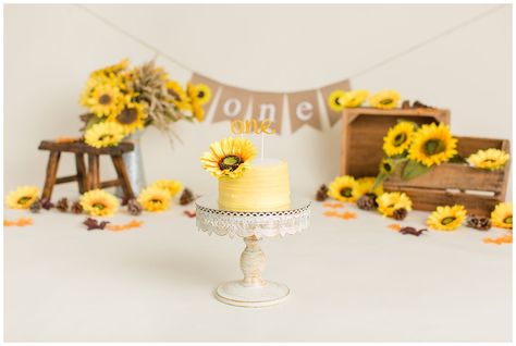 Sunflower 1st Birthday Photoshoot, Sunflower Smash Cake 1st Birthdays, 1 Year Sunflower Birthday, Sunflower Smash Cake, Sunflower Cake Smash, Sunflower Themed Cake, Sunflower Cake Smash First Birthdays, One Year Old Sunflower Birthday, Themed Cake Smash