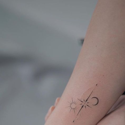 Sun Moon Star Spine Tattoo, Moon Star And Sun Tattoo, Sun Moon Star Tattoos, Star And Sun Tattoos, Sun Moon And Stars Tattoo Meaning, Star Moon And Sun Tattoo, Sun And Moon Wrist Tattoo, Moon Sun And Stars Tattoo, Moon Star Sun Tattoo