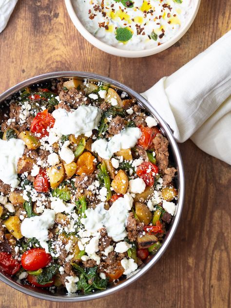 Greek Lamb Gyro Skillet Recipe — Registered Dietitian Columbia SC - Rachael Hartley Nutrition Gyro Skillet, Lamb Casserole, Salmon Platter, Mediterranean Salmon, Lamb Gyros, Greek Lamb, Recipes To Try At Home, Greek Gyros, Greek Foods