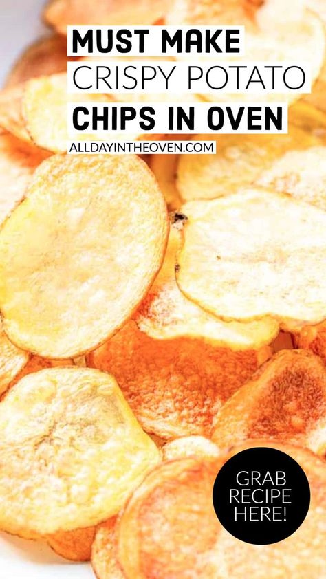 Crispy oven potato chips in a white bowl Potato Chips In Oven, Crock Pot Potato Recipes, Reheat Baked Potato, Oven Potato Chips, Crispy Potatoes In Oven, Oven Baked Potato Chips, Homemade Potato Chips Recipe, Potato Chips Homemade, Crispy Potato Chips