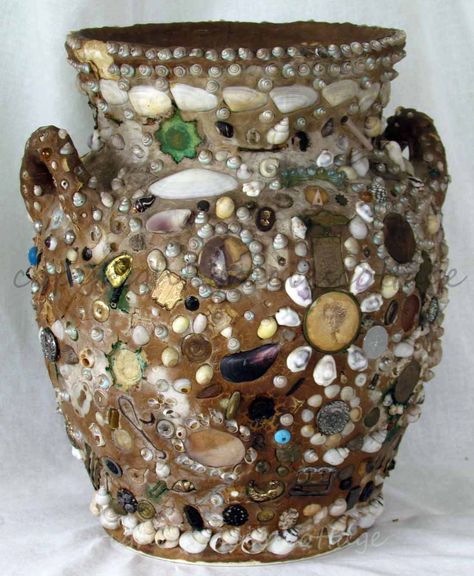 Great site to find out more about memory jugs    Gracie's Cottage: Folk Art Memory Jug... and Speaking of Altered Art Memory Jug, Memory Jugs, Mosaics Ideas, Memory Art, Mosaic Planters, Memory Jars, Objects Art, Memory Jar, Mosaic Pots