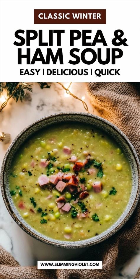 Craving a warm, filling soup? This split pea and ham creation is bursting with flavor and loaded with protein, making it an ideal choice for a snug winter dinner. Save this for a truly comforting meal! Ham And Split Pea Soup, Cold Weather Soup Recipes, Easy Split Pea Soup, Split Pea And Ham Soup, Cozy Winter Dinner, Winter Dinner Ideas, Cold Weather Soup, Ham Soup Recipes, Winter Soup Recipes