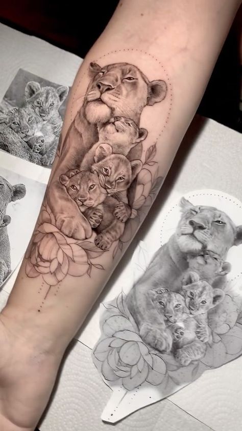 Celebrate the Pride: 24 Lion Family Tattoo Ideas - besttattoo.wiki - Unveiling Exquisite Ink Art Mother Of 2 Tattoo, Mother Of 2 Tattoo Ideas, Lion Family Tattoo, Cyberciligism Tattoo, Lioness And Cub Tattoo, Lioness Tattoo Design, Family Tattoo Ideas, Motherhood Tattoos, Cute Thigh Tattoos