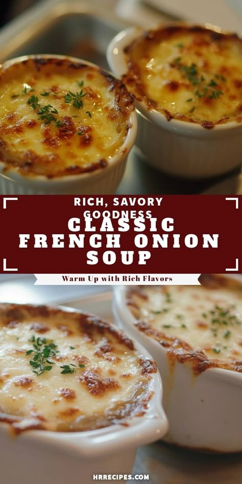 Warm up with this rich and savory Classic French Onion Soup! Melting cheese, caramelized onions, and a flavorful broth come together to create a cozy dish perfect for any day. Join me in tasting this delicious recipe that brings comfort and flavor to your table! Stovetop French Onion Soup, Baked French Onion Soup, French Onion Soup Mac And Cheese, French Onion Short Rib Soup, French Onion Chicken Soup, French Onion Soup Crockpot, Simple French Onion Soup, Best French Onion Soup Recipe, Crockpot French Onion Soup