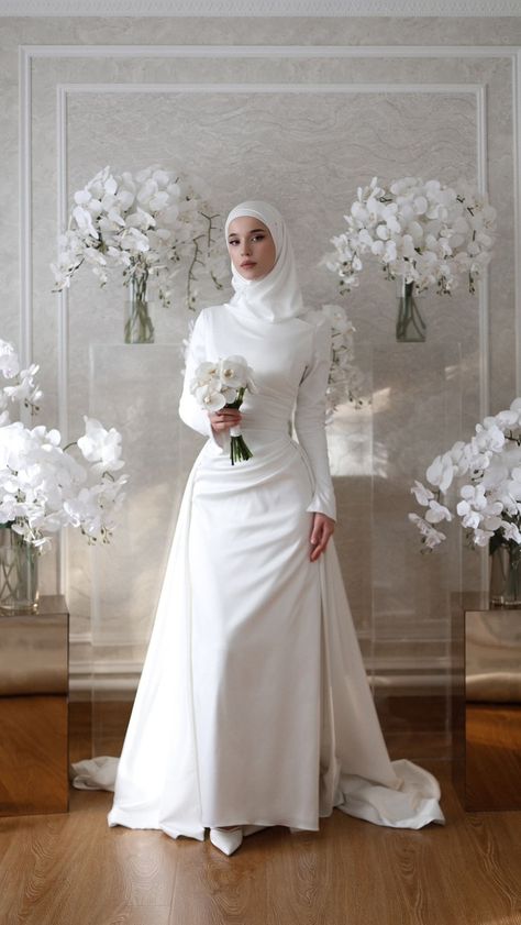 Hijabi Bride White, Hijabi Wedding Dress, Simple Engagement Dress, Turkish Wedding Dress, Hijabi Bride, Hijabi Wedding, Nikah Outfit, Hijabi Brides, Muslimah Wedding Dress