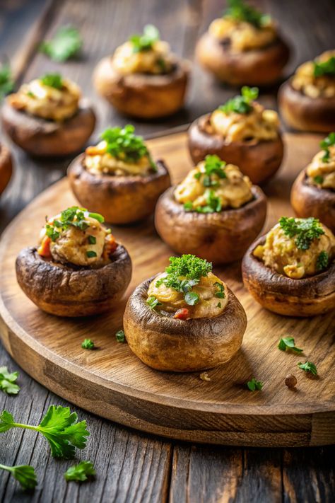 5 Ingredients for Baked Vegan Mushroom Delights Vegan Canapes Finger Foods, Vegetarian Canapes Ideas, Vegan New Years Recipes, Vegan Hors D’oeuvres, Vegan Party Food Easy, Vegan Holiday Appetizers, Vegan Potluck Recipes, Vegan Appetizers Easy, Mushroom Starters