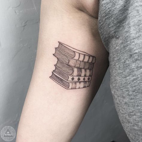 Book Stack Tattoo, Stack Of Books Tattoo, Etching Tattoo, Bookish Tattoos, Pile Of Books, Delicate Tattoo, Book Tattoo, Fine Line Tattoos, Small Tattoo