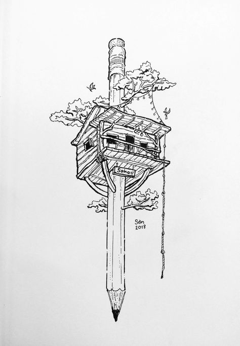 Floating Tree Drawing, Tiny World Drawing, Tree House Tattoo Design, Tree House Art Drawing, Floating House Drawing, Isometric Tattoo, Tree House Tattoo, Tree House Sketch, Treehouse Tattoo